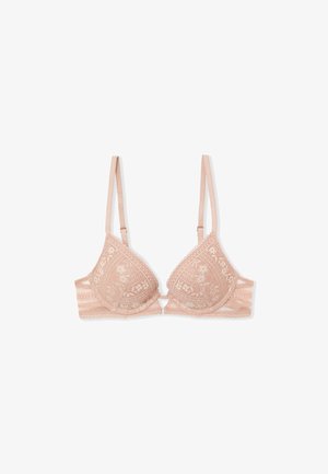 Soutien-gorge triangle en dentelle rose pâle, avec motifs floraux, bretelles réglables, et fermeture à agrafes, orné de bords festonnés.
