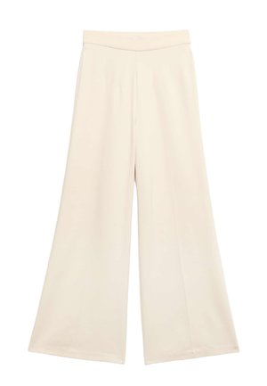 Kremowe spodnie o szerokich nogawkach z gładką fakturą i elastycznym pasem, charakteryzujące się płynnym krojem i bezszwową konstrukcją.