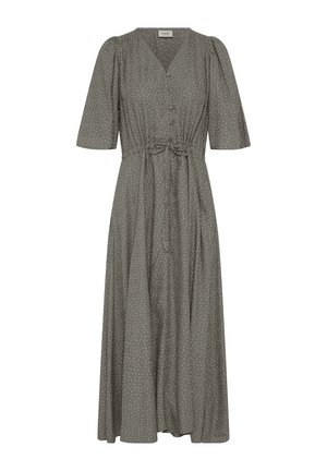 Robe midi vert olive à pois blancs, avec patte de boutonnage à l'avant, manches courtes bouffantes, décolleté en V et ceinture à nouer à la taille.