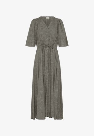 Robe midi vert olive à pois blancs, avec patte de boutonnage à l'avant, manches courtes bouffantes, décolleté en V et ceinture à nouer à la taille.