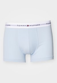 Helle blaue Boxershorts aus weichem Baumwollmix, mit einem weißen elastischen Bund, auf dem "TOMMY HILFIGER" in Marineblau und rot aufgedruckt ist.