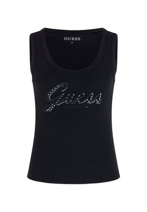 Zwarte geribde tanktop met het "Guess" logo in strass, met een ronde halslijn en zonder mouwen. Glad textuur, getailleerde pasvorm.