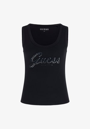 Schwarzes, geripptes Tanktop mit dem "Guess"-Logo aus Strass, mit weitem Rundhalsausschnitt und ärmellosem Design. Glatte Textur, figurbetonte Form.