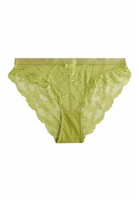 Groene kantenen slip met een bloemmotief, doorzichtige zijkanten en een stevige stoffen middenpaneel. Inclusief een zachte elastische tailleband.