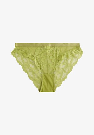 Culotte verte en dentelle avec un motif floral, des côtés transparents et un panneau central en tissu uni. Comprend une taille élastique douce.