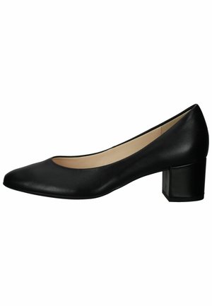 Black leather pump with a rounded toe, low block heel, and smooth texture. Simple design with no visible patterns or hardware.