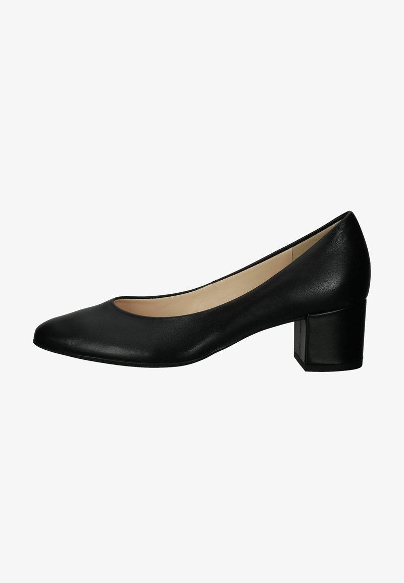 Escarpin en cuir noir avec un bout arrondi, un petit talon carré et une texture lisse. Design simple sans motifs ni accessoires visibles.
