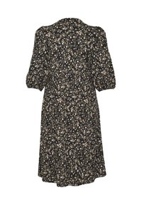 Black floral dress with short puff sleeves, featuring a fitted bodice and flared skirt; small white and pink flowers on a dark background.