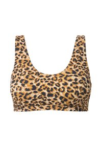 Leopardprint bralette in bruin- en zwarttinten. Heeft brede banden en een ronde halslijn. Glad materiaal met een lichte glans.