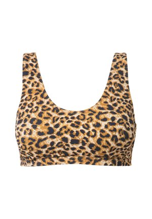 Bralette con stampa leopardata in tonalità di marrone e nero. Presenta spalline larghe e scollatura a girocollo. Tessuto liscio con una leggera lucentezza.