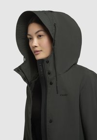 Mörkgrön isolerad jacka med en stor huva, justerbar dragsko, frontdragkedja och tryckknappar, med en logotyp på bröstet.