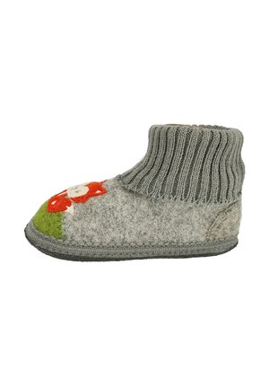 Gray wool slipper with a ribbed knit ankle. Features an embroidered red flower and green accent on the toe. Sole is gray with a stitched edge.