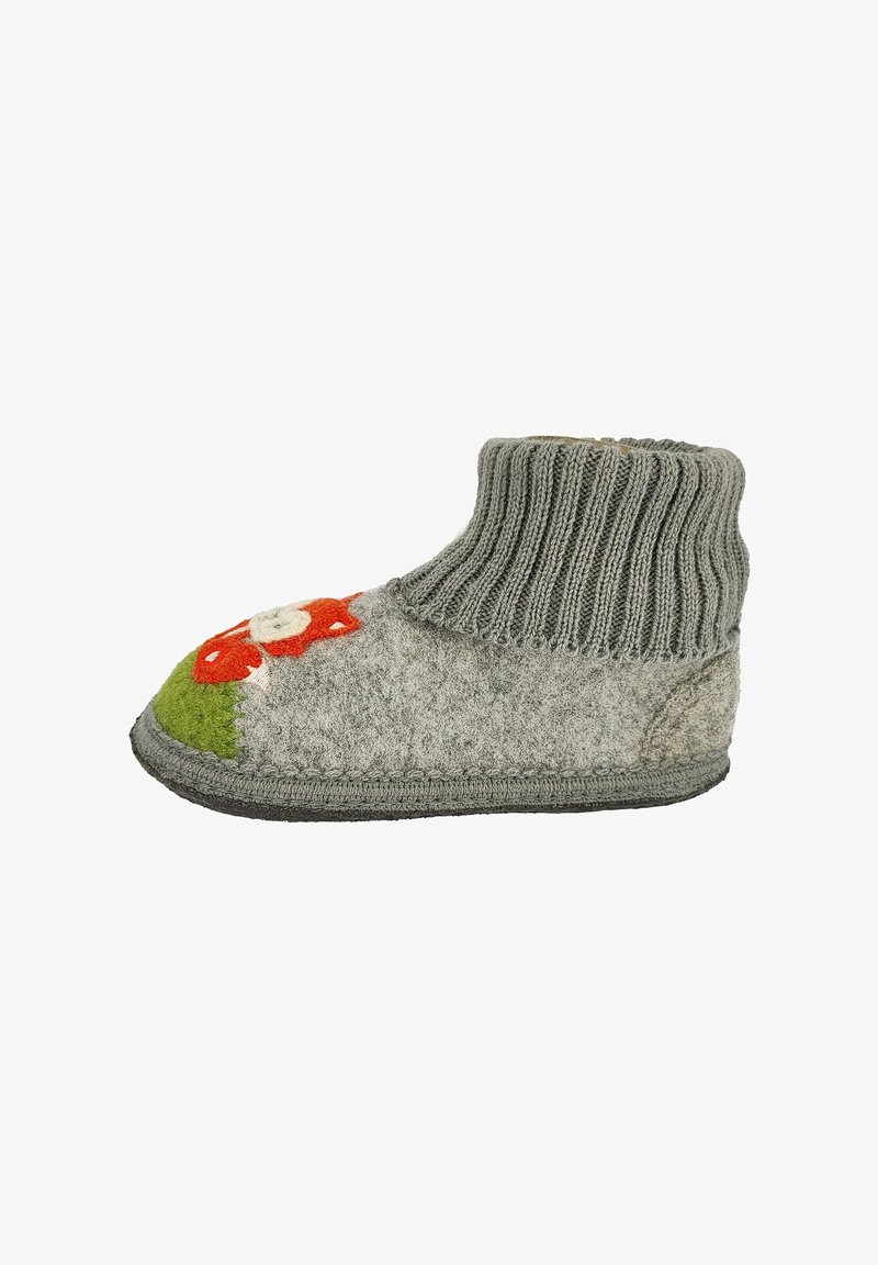 Gray wool slipper with a ribbed knit ankle. Features an embroidered red flower and green accent on the toe. Sole is gray with a stitched edge.