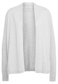 Cardigan gris clair en tissu doux, avec devant ouvert, manches longues, poignets côtelés et silhouette décontractée.