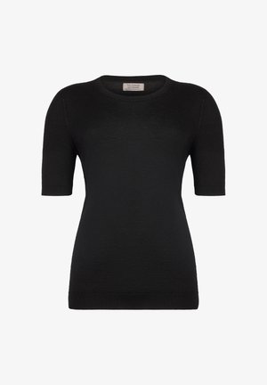 Schwarzer kurzärmliger Pullover mit Rundhalsausschnitt, aus weichem Stoff, mit glatter Oberfläche und taillierter Silhouette.