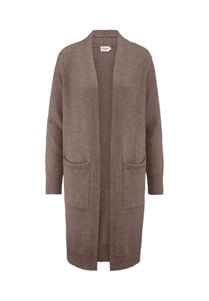 Langer Cardigan mit offenem Vorderteil aus weichem braunem Strickstoff. Mit gerippten Bündchen und zwei Fronttaschen. Glatte Textur mit einer lockeren Silhouette.