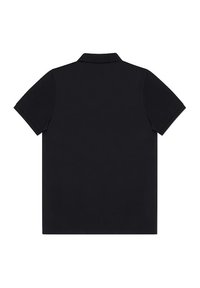 Czarna koszulka polo z krótkim rękawem. Miękka, gładka tkanina z klasycznym kołnierzykiem i dopasowanym krojem. Brak widocznych wzorów lub akcentów na plecach.