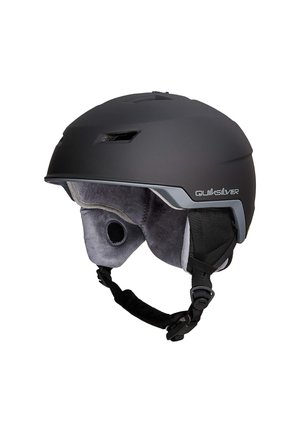 Matte black Quiksilver helmet with gray padded ear covers, ventilation slots, and adjustable black chin strap.
