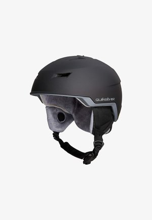 Mattschwarzes Quiksilver-Helm mit grauen gepolsterten Ohrenabdeckungen, Belüftungsöffnungen und verstellbarem schwarzen Kinnriemen.