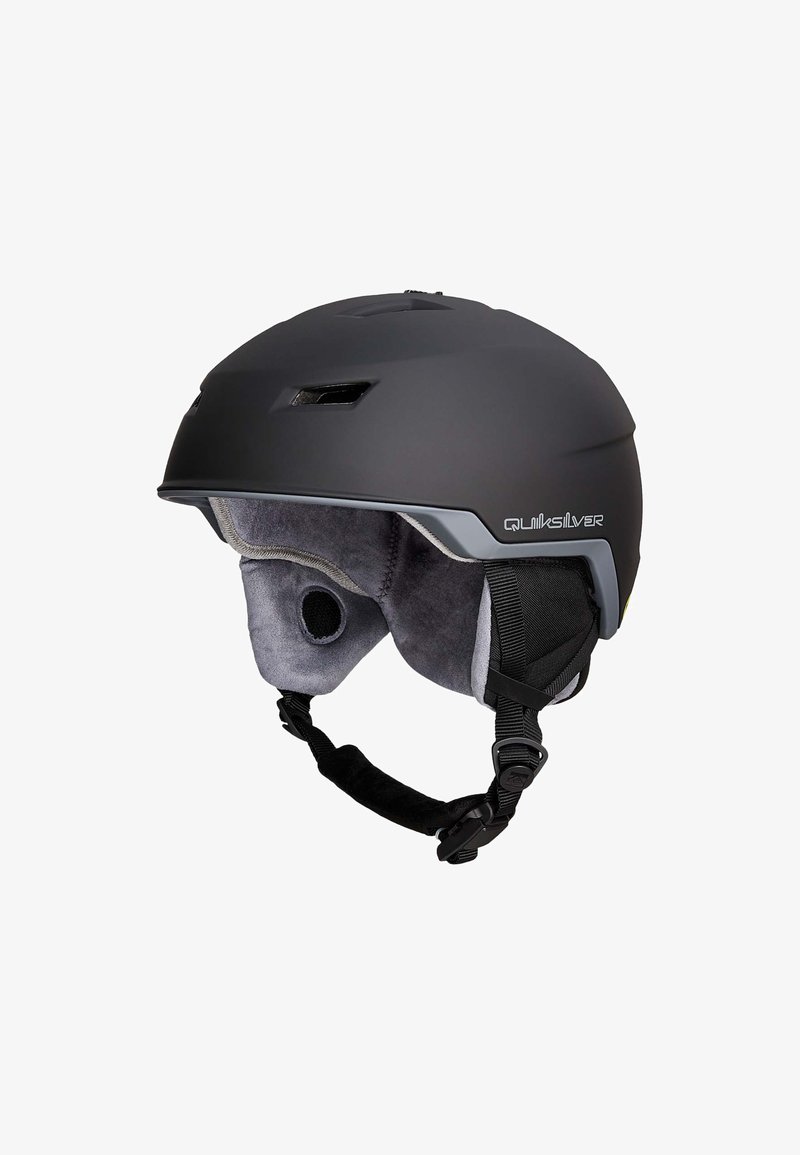 Matte zwarte Quiksilver helm met grijs gewatteerde oorkappen, ventilatieopeningen en verstelbare zwarte kinband.