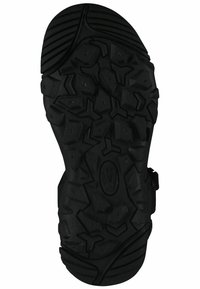 Black rubber sole with a textured, rugged tread. Features angular patterns and a pronounced grip design for traction on various surfaces.