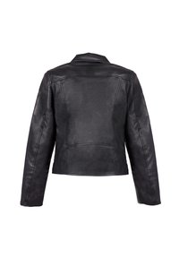 Giacca di pelle nera con un design aderente, spalle strutturate e maniche lunghe. Presenta una texture liscia e dettagli di cucitura minimali.