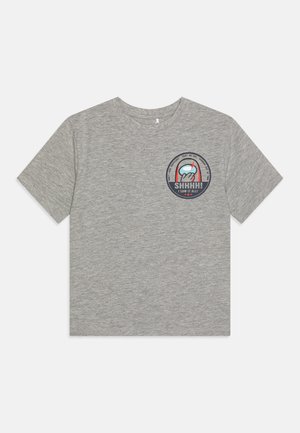 Grey cotton T-shirt with short sleeves, round neck, and a circular graphic print featuring text "SHHHH! I SAW IT ALL!" on the front.