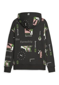 Sudadera negra hecha de una tela suave, que presenta patrones y logotipos impresos en colores rosa, verde y blanco. Incluye capucha con cordón.