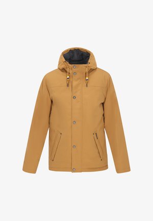 Yellow waterproof jacket with a removable hood, two front pockets, and metal snap buttons. Textured inner lining for insulation.