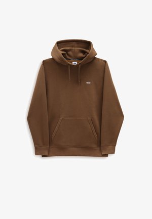 Sweat à capuche marron Vans avec poche kangourou à l'avant, capuche réglable avec cordon, et petit logo Vans blanc sur la poitrine.