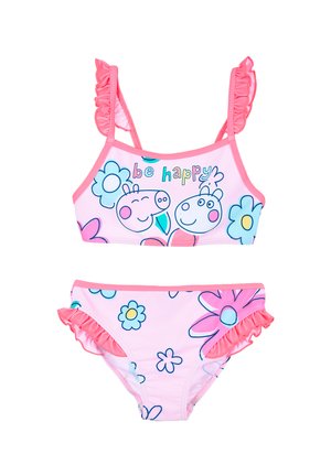 Różowy dwuczęściowy bikini z falbaniastymi paskami, zdobione postaciami z kreskówek i wzorami florystycznymi. Wykonane z miękkiego materiału, zaprojektowane z myślą o komforcie.