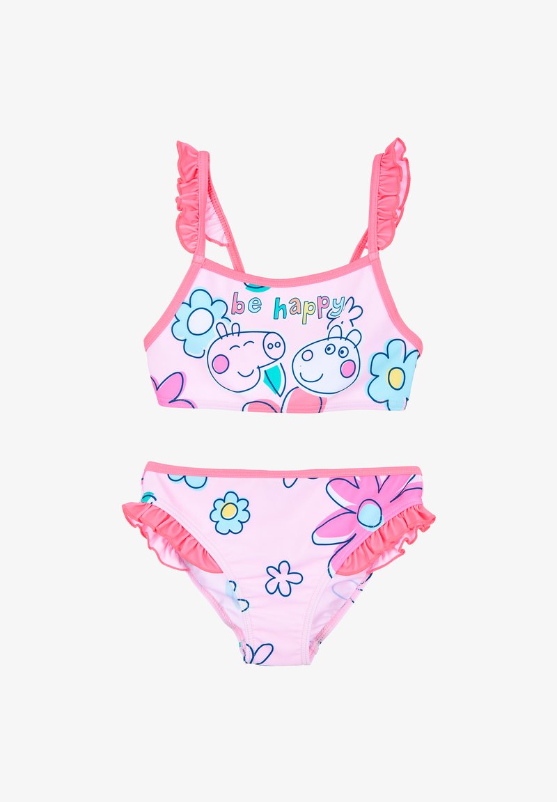 Bikini due pezzi rosa con spalline arricciate, caratterizzato da personaggi dei cartoni animati e motivi floreali. Realizzato in materiale morbido, progettato per il comfort.