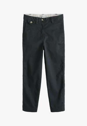 Mørkegrønne bomuldsbukser har to forlommer med knapdetaljer og et lige ben-design. Glat tekstur, afslappet stil.