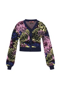 Cardigan corto lavorato a maglia con scollo a V, caratterizzato da un motivo astratto colorato in rosa, giallo, blu e nero, con chiusura a bottoni.