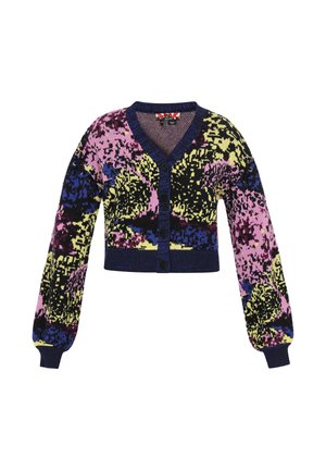 Mezgta trumpa kardiganė su V formos kaklu, pasižyminti spalvinga abstrakčia raštą rožinės, geltonos, mėlynos ir juodos spalvų, su mygtukų uždarymu.