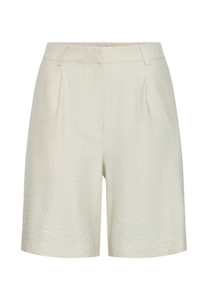 Pantaloni scurți cu talie înaltă, de culoare crem, din material texturat, cu bucle pentru curea și închidere frontală ascunsă.