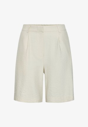 Hooggetailleerde, crèmekleurige korte broek van gestructureerde stof met riemlussen en een verborgen voorzijde sluiting.