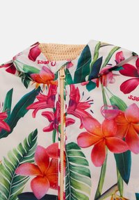 Floral zip-up jacket featuring a multi-colored design with pink and orange flowers, green leaves, and a light mesh interior. Accented with a logo.