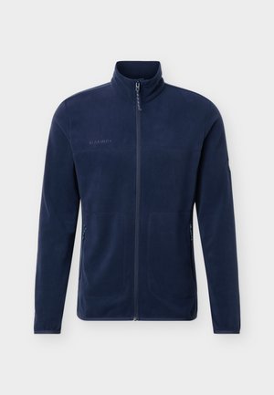 Navy blue fleece jacket with full front zipper, stand-up collar, two zippered side pockets, and Mammut logo on chest and sleeve.
