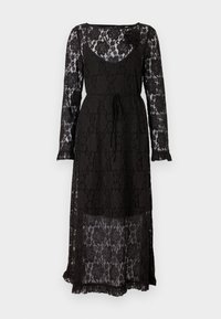 Μαύρο φόρεμα από δαντέλα με μακριά μανίκια, λουλουδάτο σχέδιο, στρογγυλή λαιμόκοψη και κορδόνι στη μέση. Διαθέτει διαφανή επένδυση και φραμπαλά μανσέτες.