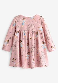 Rosa långärmad klänning med fe-ikoner. Mjuk tyg, samlad midja och nedhängande kjol. Har blommönster och lövmönster genom hela klänningen.