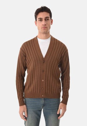Uomo che indossa un cardigan marrone costellato con bottoni sopra una camicia bianca e jeans blu, rivolto verso l'obiettivo su uno sfondo neutro.