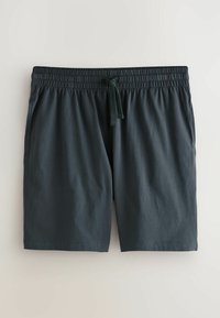 Dark gray knee-length shorts with elastic waistband and tied drawstring, designed for casual wear.