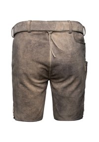Braune Leder-Shorts mit strukturiertem Finish, verstellbarem Taillenbund und Seitentasche. Mit Knopfdetails am Saum.