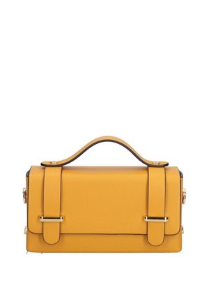 Borsa a mano in pelle gialla dalla forma rettangolare, con manico superiore e dettagli in metallo color oro. Texture liscia e bordi neri a contrasto.