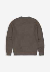 Khakifarbener, gerippter Strickpullover mit langen Ärmeln, Rundhalsausschnitt und strukturiertem Finish. Verfügt über ein kleines Logo-Tag unten links.