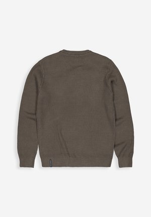 Khakifarbener, gerippter Strickpullover mit langen Ärmeln, Rundhalsausschnitt und strukturiertem Finish. Verfügt über ein kleines Logo-Tag unten links.