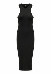 Robe midi noire à côtes avec un design sans manches, un col rond et une silhouette ajustée ; texture douce et tissu extensible.