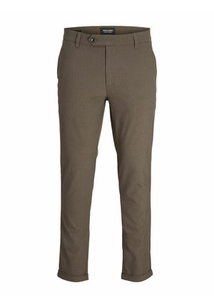 Pantaloni brown su misura con un tessuto testurizzato, dotati di chiusura a bottone e risvolti per una vestibilità sartoriale.