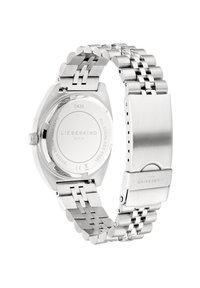 Roestvrijstalen horloge met een gepolijste zilveren afwerking, een schakelen band en een ronde kast. Gegraveerd logo en details op de achterkant van de kast.